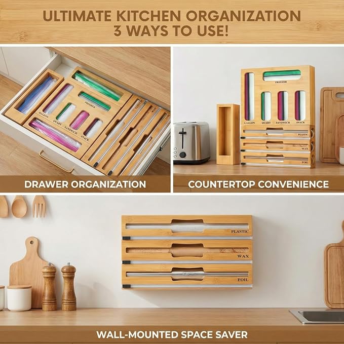 9 in 1 Storage Bag Organizer for Kitchen Drawer, Bamboo Foil and Plastic Wrap with Cutter, Ziplock Bag Organizer for Quart, Gallon, Sandwich & Snack Bags