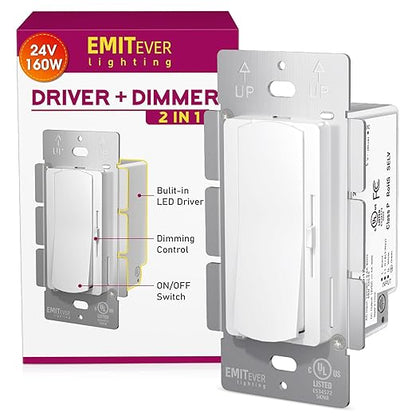 Dimmer Light Switch & 24V 160W Dimmable LED Driver 2 in 1, UL Listed Single-Pole or 3-Way Slide Dimmer Switches for Led Strip Lights,120VAC to 24VDC Power Supply for Low Voltage Project, Glossy White