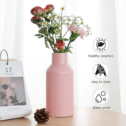 Bohemian Pink Ceramic Vase - for Pampas Grass, Mantel, Bookshelf, Entryway and Living Room Decor (Pink, 8in)
