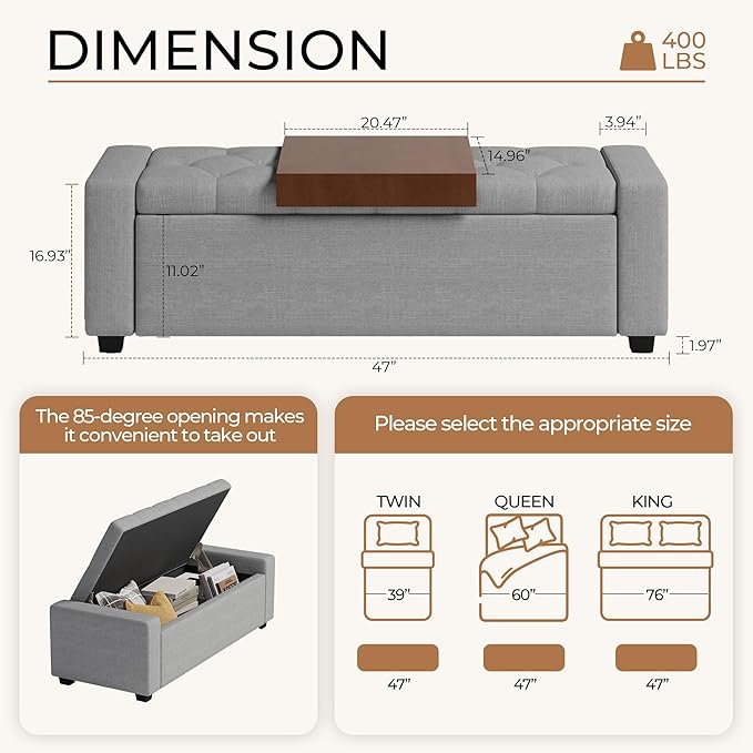 Storage Ottoman Bench with Tray,Large Entryway Ottoman with Storage, Rectangular Bench with Cushion and Safety Hinge for Living Room Bedroom,Light Gray
