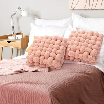 Wenqik 2 Pcs Knot Pillows Square Knotted Plush Throws Soft Accent Pillows Decoration Cushion for Couch Home Office Living Room Bedroom Bed Sofa Decor, 12'' x 13''(Pink,Lambswool)