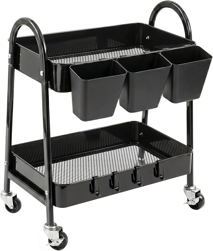 danpinera 2-Tier Rolling Cart, Utility Cart Mobile Metal Rolling Storage Cart with Lockable Wheels & Hanging Cups & Hooks for Kitchen, Bathroom, Office, Workshop