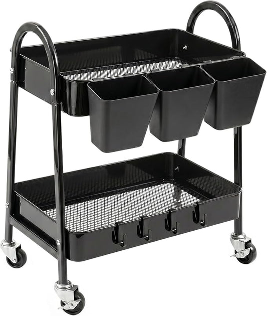 danpinera 2-Tier Rolling Cart, Utility Cart Mobile Metal Rolling Storage Cart with Lockable Wheels & Hanging Cups & Hooks for Kitchen, Bathroom, Office, Workshop