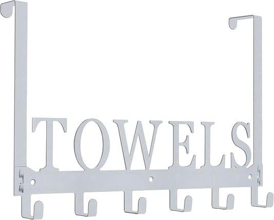 Over The Door Hooks, Towel Rack for Bathroom, Door Mount Towel Hooks Bath Towel Hanger for Bedroom Kitchen Pool Beach Towels Bathrobe Wall Mount Towel Holder for Bathrooms (6 Hooks, Silver Grey)
