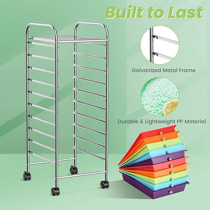 RELAX4LIFE 10 Drawer Rolling Cart, Slim Storage Cart w/Lockable Wheels for Classroom School Teacher Office, Art Supplies Paper Scrapbook Craft Organizers, Utility Cart with Drawers (Multicolor)