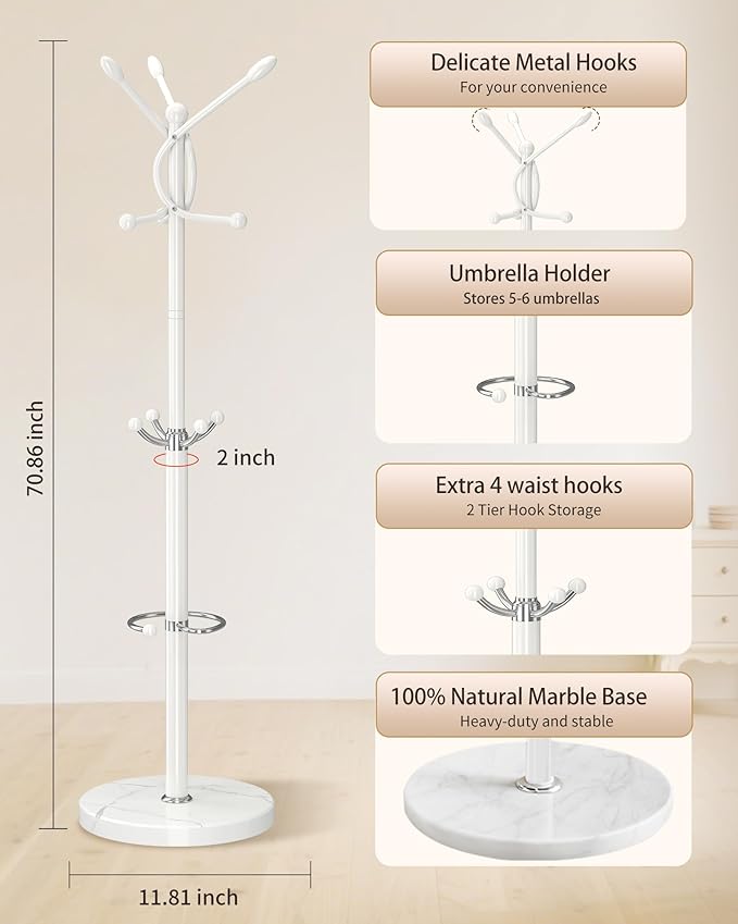 Metal Coat Rack with Natural Marble Base,Coat Rack Stand with 10 Hooks & Umbrella Holder,Modern Freestanging Coat Racks,White Standing Coat Jacket Hanger Tree Stand for Corner Entryway