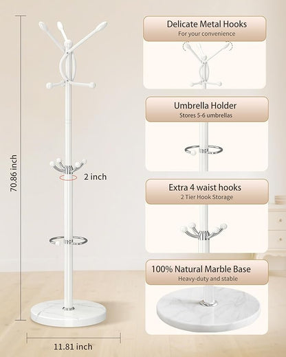 Metal Coat Rack with Natural Marble Base,Coat Rack Stand with 10 Hooks & Umbrella Holder,Modern Freestanging Coat Racks,White Standing Coat Jacket Hanger Tree Stand for Corner Entryway