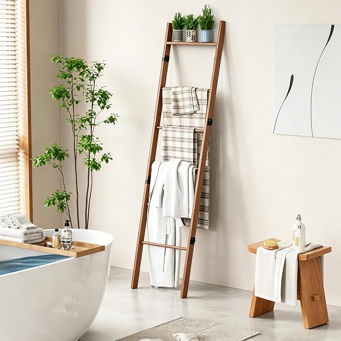 BAMBANG 6-Tier Blanket Ladder for Living Room, Blanket Quilt Ladder Rack Rustic Decorative Towel Holder, Wall Leaning Blanket Ladder Shelf Storage Farmhouse Decor for Bedroom Bathroom, Tea Brown