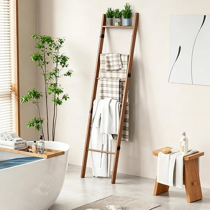 BAMBANG 6-Tier Blanket Ladder for Living Room, Blanket Quilt Ladder Rack Rustic Decorative Towel Holder, Wall Leaning Blanket Ladder Shelf Storage Farmhouse Decor for Bedroom Bathroom, Tea Brown