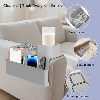 KindGa Couch Cup Holder Tray，Super Large Silicone Sofa Armrest Tray with Side Pockets，Anti-Slip Couch Caddy for Drinks/Phone/Remote/Snacks Sofa Table Organizer，Fathers Day Dad Gifts -Slate Gray
