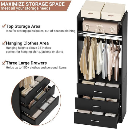 Besiost Freestanding 2FT Closet System with 3 Wood Drawers, 24" Closet Organizer System with Hanging Rod & Shelves, Walk-in Closet Systems for Small Closets, Black (24"L x 15" W x 80" H)
