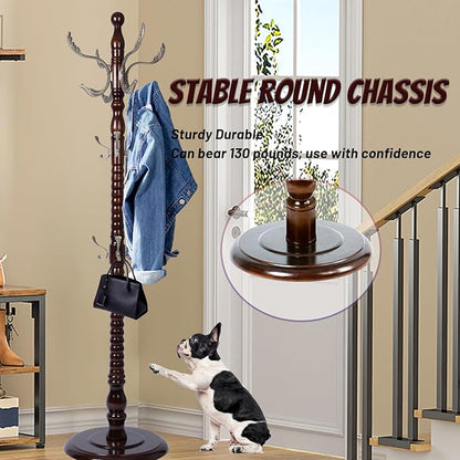 73 in Wood Coat Rack, Coat Rack Freestanding with Stable Round Base, Adjustable Height Tree Coat Racks Stand for Home Bedroom Office Hallway Entryway (Fenghuang Gou Rosewood)