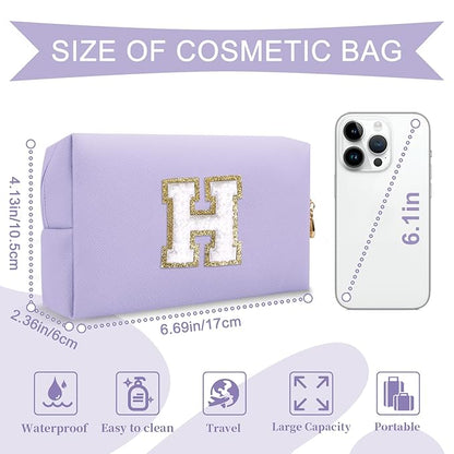 Personalized Makeup Bag Initial A-Z Preppy Patch Bag,Small PU Leather Travel Cosmetic Bag Pouch with Zipper,Purple Cute Toiletry Bag,Gift Ideal for Teen Girls Women Birthday Friend Mom,Latter H