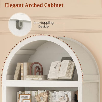 81" Tall Arched Cabinets,Bookcase with storage,Mid-Century Modern 6-Tier Bookshelf with Door,2 Book Risers and Adjustable Shelves give more storage space for Living Room,Home Office Antique White