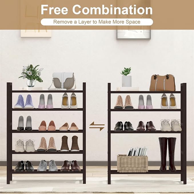 Haddockway Bamboo Shoe Rack for Closet, Free Standing Shoe Organizer with Smooth Round Rods & Convenient Handles, Stackable Shoe Storage Shelf for Entryway, Hallway(Brown, 5-Tier(Small))
