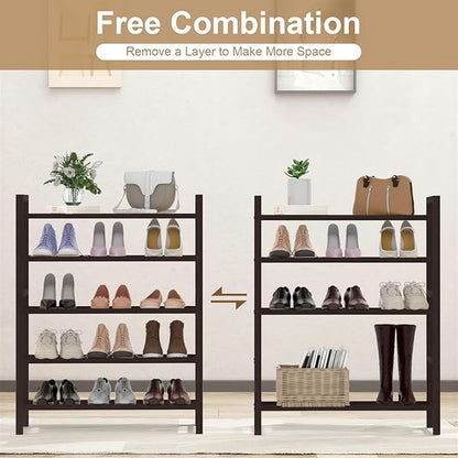 Haddockway Bamboo Shoe Rack for Closet, Free Standing Shoe Organizer with Smooth Round Rods & Convenient Handles, Stackable Shoe Storage Shelf for Entryway, Hallway(Brown, 5-Tier(Small))