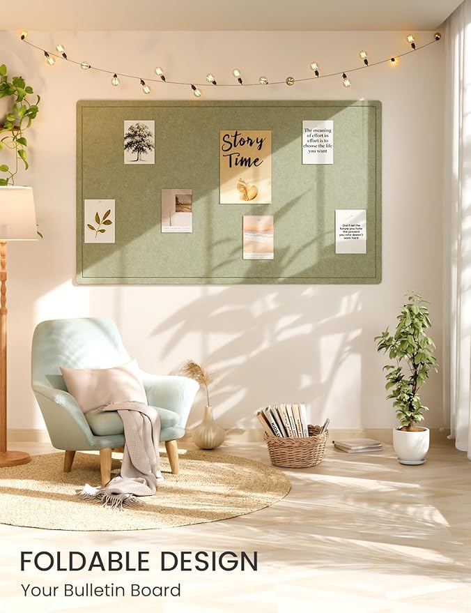 Fluxynara Large Bulletin Board, 59" x 35.4" Cork Board Alternative with 24 Safe Removable Adhesive Tabs, Foldable Felt Pin Board for Home Office, Classroom, Bedroom,Entryway for Walls— Sage