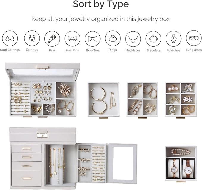 CASEGRACE Large 5-Layer Jewelry Organizer Box with 360° Rotating Necklace Holder, 4 Drawers -Jewelry Case for Necklaces, Rings, Earrings, Bracelets, Watches | Elegant Storage & Gift for Women