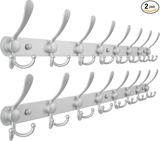 Dseap Coat Rack Wall Mount - 29.5” Long 8-Tri-Hooks Heavy Duty Coat Hanger Rail Wall Hooks for Hanging Coats Hats Clothing Clothes Purse Mudroom Entryway, Silver, Pack of 2