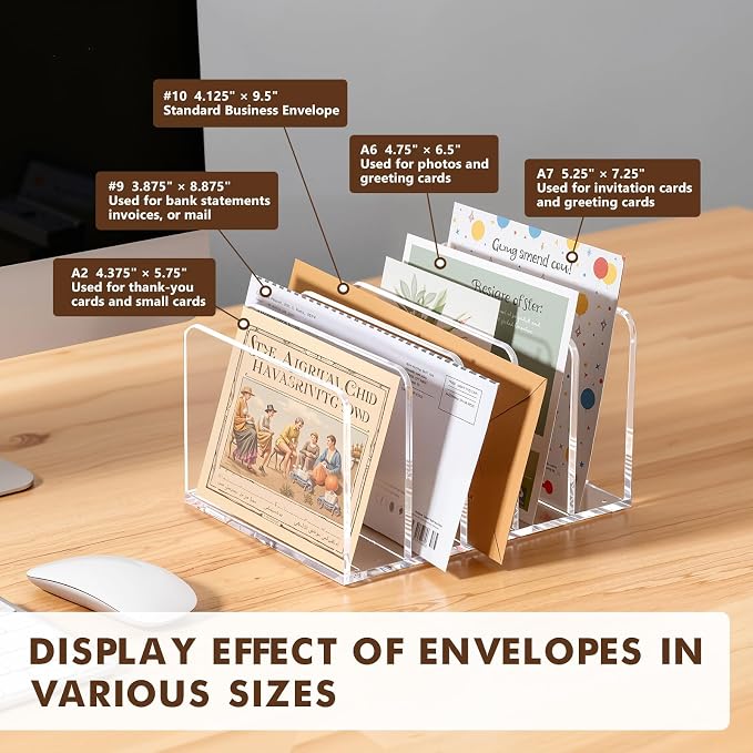BEYGORM Acrylic Mail Holder, Clear Multifunction Desk Organizer with Divider, Vertical Letter Sorter for Desktop, 5 Compartments Modern Office Home Envelope Organizer for Folder, Document, Notebook