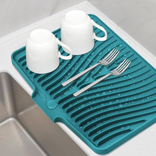 TIKNIK Silicone Dish Drying Mat for Kitchen Counter - Heat Resistant & Non-Slip Dish Drain Pad with Built-In Drain, Dishwasher Safe, Quick-Dry, Hangable & Roll-Up for Storage, Green-1pcs, 16" x 12"