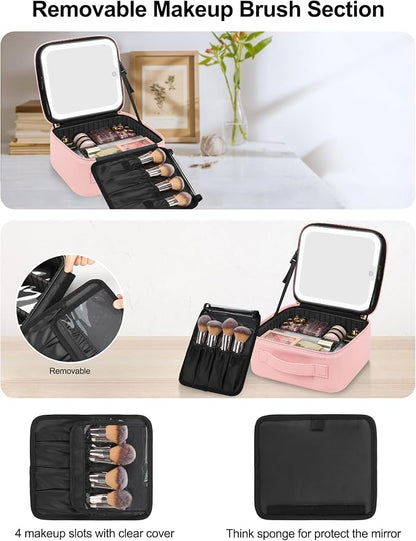 Chomeiu Makeup Bag with LED Mirror, Cute Cosmetic Bags for Women and Girls, Travel Train Case Artists Organizer Large Make Up Bags with 3 Color Light Up Mirror & Removable Brush Compartment, Pink