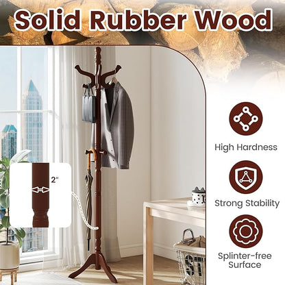 Giantex Solid Wood Coat Rack, Freestanding Hall Tree with 3 Adjustable Heights and 11 Hooks, Rubber Wood Frame, Entryway Hanger Stand, Wooden Garment Rack for Hallway, Living Room (Reddish Brown)