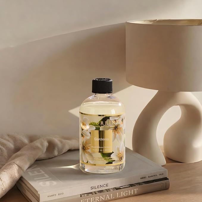 Cocorrína Reed Diffuser Refill Gardenia 10.14oz (300ml) with 8 Sticks - Premium Long-Lasting Floral Essential Oil, Home Fragrance for Bedroom, Bathroom Home Decor