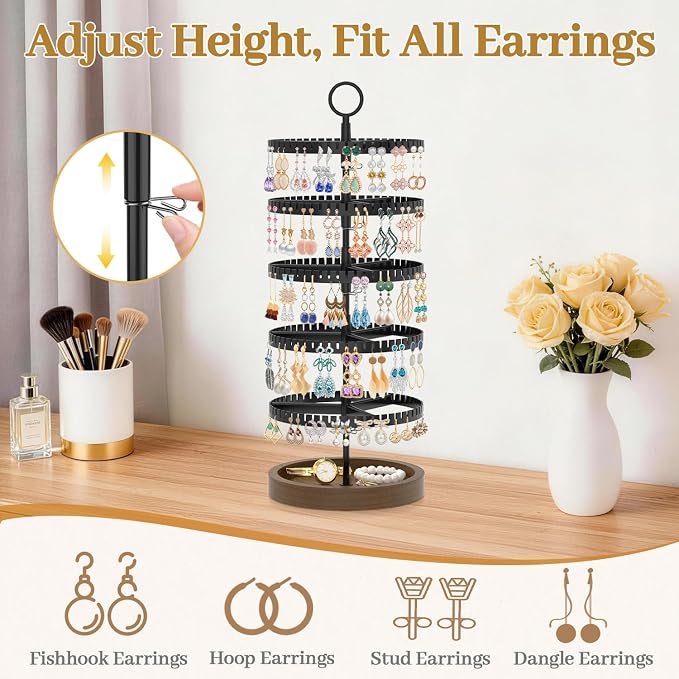 MODOWEY 5 Tier Rotating Earring Holder Organizer Display Tree with Wooden Tray, Adjustable Plastic Stand with 285 Slots for Stud Hoop Hanger, Large Capacity Storage Rack for Women Space Saving, Black