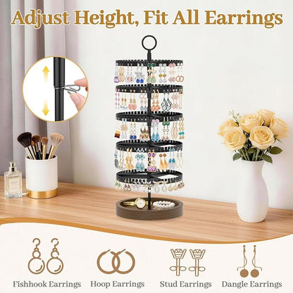 MODOWEY 5 Tier Rotating Earring Holder Organizer Display Tree with Wooden Tray, Adjustable Plastic Stand with 285 Slots for Stud Hoop Hanger, Large Capacity Storage Rack for Women Space Saving, Black