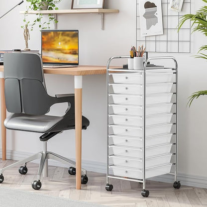 RELAX4LIFE Storage Cart W/10 Drawers,Rolling Wheels Semi-Transparent Multipurpose Mobile Cart for School, Office, Home, Beauty Salon Files Arrangement Storage Organizer Cart (Clear)