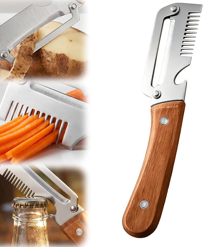 2026 Upgrade Vegetable Peeler and Julienne Peeler Set, Stainless Steel Vegetable Peelers for Kitchen with Wood Handles and Bottle Opener, 2-Pcs Multifunctional Vegetable Peeler Set