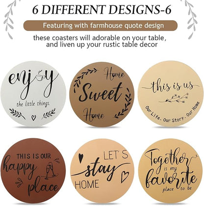 Queekay Coasters Set of 6 House Warming Gifts New Home Wooden Farmhouse Drink Coasters with Holder 4'' Funny Decoration for Kitchen Family Coffee Bar Tabletop Protection(Brown)