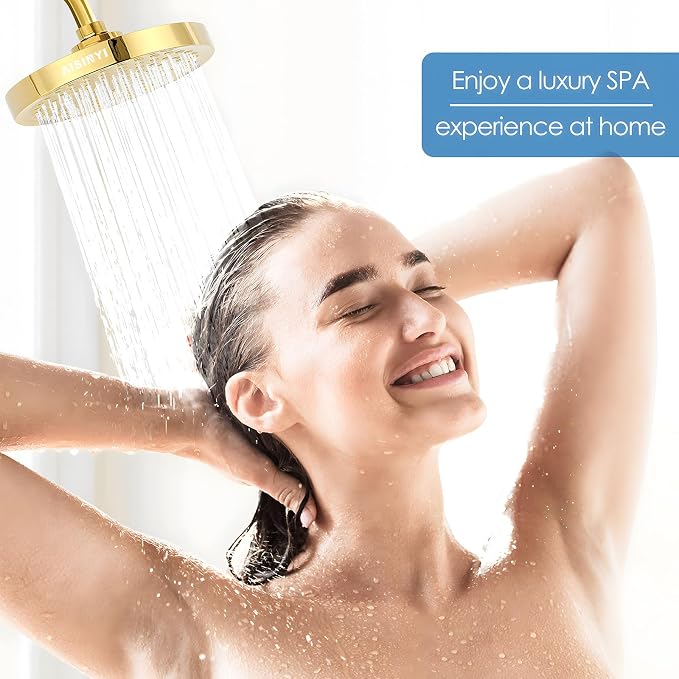 High Pressure Rainfall Shower Head, 6 Inches Showerhead with Perfect Adjustable Replacement, Removable Restrictor, Easy Installation for Your Bathroom Shower Heads (Deluxe Gold + Shower Arm)