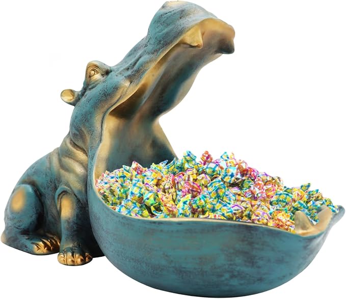 aboxoo Hippo Statue,Large Hippopotamus Figurine Home Sculpture with Resin, Hippo Candy Jar, Candy Dish Bowl for Office Desk, Key Bowl for Entryway Table,Container Storage Art Decor Box(Dark Blue)