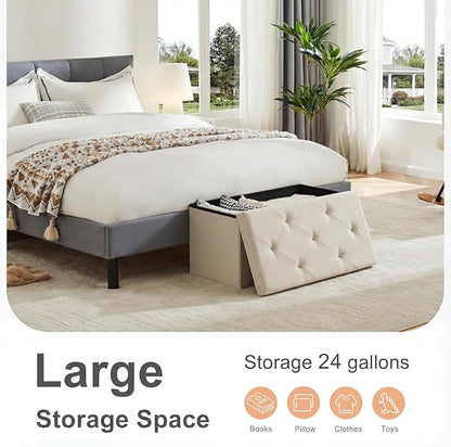 Sweetcrispy 30 Inch Folding Storage Ottoman Bench, Large Hidden Storage Chest with Padded Seat, Foot Rest Stool Supports Up to 660Lbs, End of Bed Bench for Bedroom, Living Room, Linen Fabric, Beige