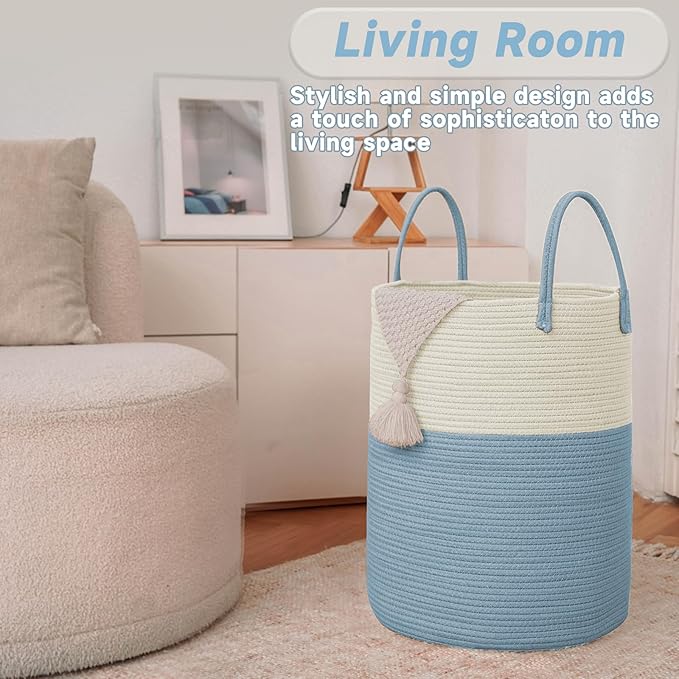 JMvicyroam Large Woven Laundry Basket Hamper,100L Cotton Rope Storage Bin for Blankets,Toys and Clothes,Decorative Tall Nursery Hamper for Living Room,Baby Nursery,Bathroom and Bedroom,White and Blue
