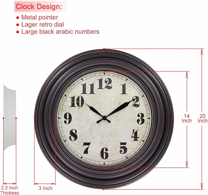 45MinST 20 Inches Retro Round Large Wall Clocks, Silent Non Ticking Battery Operated Movement Easy to Read Wall Clock with Arabic Numerals
