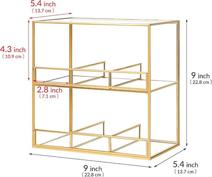 REDHUGO Glass Tea Bag Organizer for Counter, 2-Tier Teabag Organizer Storage Holder for Tea Bags, Glass Caddy Box Containers, Rack Teabag Station Stand for Cabinet Kitchen, 2-Tier, Gold