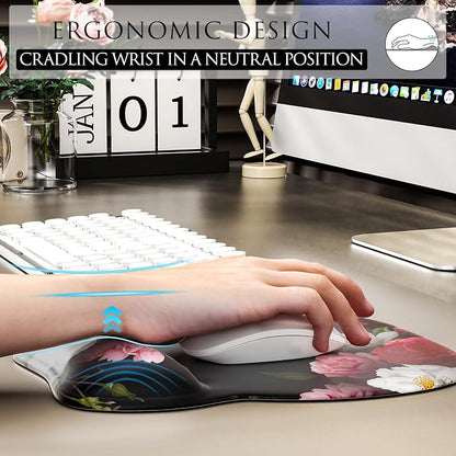 MROCO Ergonomic Mouse Pad with Gel Wrist Rest, 9.4 x 8.1 in, Black Flower | Ergonomic Shape Design, Multiple Pattern Options, Gel Wrist Comfort, Smooth Lycra Surface, Non-Slip PU Base