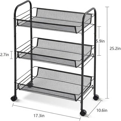 3 Tier Rolling Cart for Bathroom - Lightweight Metal Wire Storage Organizer with Wheels, Holds Toiletries & Cosmetics, Tool-Free Assembly, Black