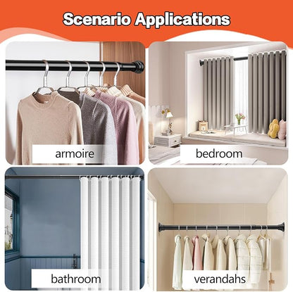 Closet Rods for Hanging Clothes, Matte Black Closet Rod 30-76 Inch Adjustable Clothes Hanging Bar Shower Curtain Rods for Closet, Wardrobes, Bathroom, Windows, with No Drilling Holder