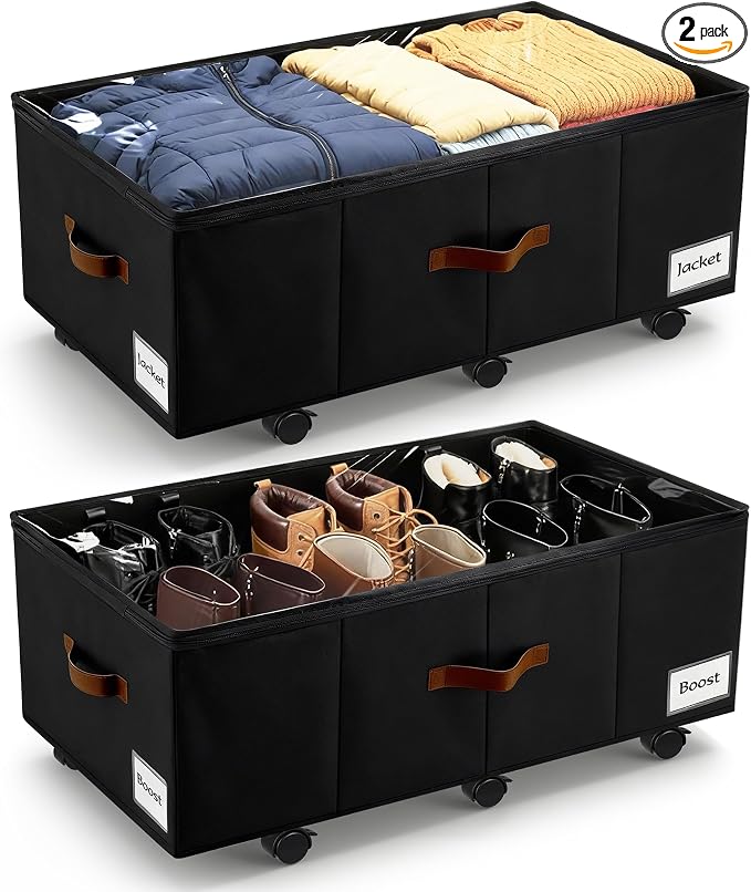 Under Bed Storage with Wheels,Underbed Storage with Sturdy Sidewalls/Bottom, Clear Cover, Label and PU Handle, Rolling Under Bed Drawers for Clothes, Shoes, 11 Inch Height,Black, 2 Pack