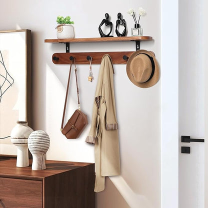Coat Rack Wall Mount with Shelf, 22" Walnut Wood Wall Shelf with Hooks, Entryway Floating Coat Rack with 6 Metal Hangers for Coats, Backpacks, Living Room, Bedroom, Bathroom (Brown-22'' L)