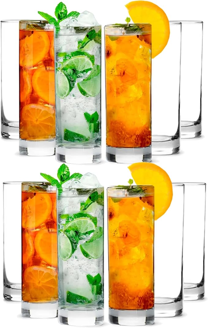 LEMONSODA Premium Highball 12oz/15oz Glass Sets - Elegant Tom Collins Glasses - Tall Water Drinking Glasses - Bar Glassware for Mojito, Whiskey, Cocktail (12oz, Set of 12)