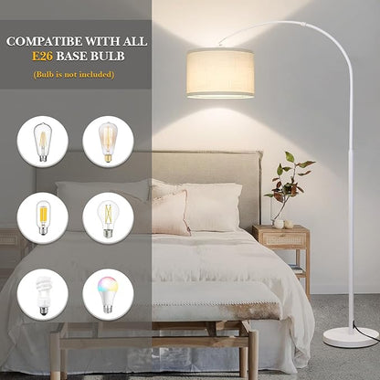 White Arc Floor Lamp, Modern Floor Lamp for Living Room with Adjustable Lamp Head, Tall Pole Standing Lamp with On/Off Pedal Switch, Over Couch Arched Reading Light for Bedroom, Office, Study Room