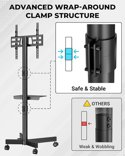 BONTEC Rolling TV Stand with Tilt, Mobile TV Stand Wheels for 23–65 Inch LED LCD TVs, Portable TV Cart with Adjustable Shelf for Living Room, Bedroom, Outdoor TV Stand Holds 88 lbs, Max VESA 400x400mm