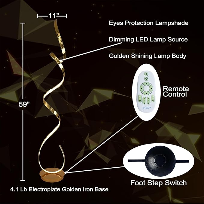 3 Color Temperature LED 60W 59inches Golden Electroplated Floor Lamp with Remote Control for Living Room,Bedroom,Office Lighting.(Gold)