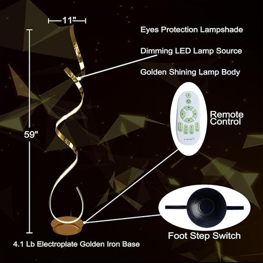 3 Color Temperature LED 60W 59inches Golden Electroplated Floor Lamp with Remote Control for Living Room,Bedroom,Office Lighting.(Gold)