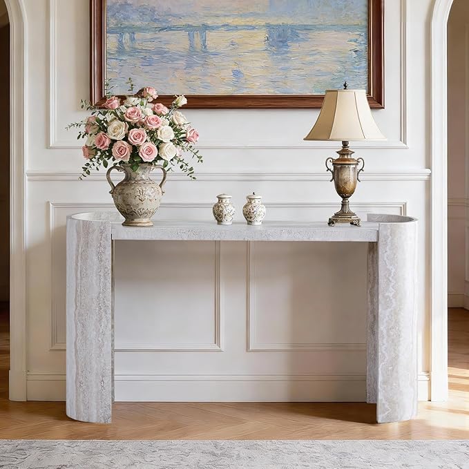 53" Console Table for Entryway, Narrow Sofa Entrance Table with Faux Mars Marble Pattern, Modern Sofa Tables with Round Raised Edge Design for Living Room, Hallway, Foyer, Home Office, Beige